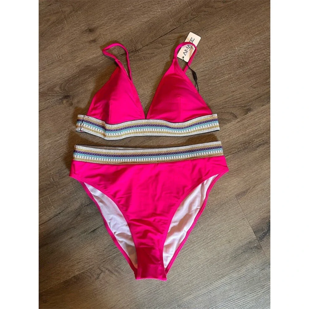 AI’MAGE Bikini Set Womens XL Hot Pink Contrast Trim High-Waisted 2-Piece